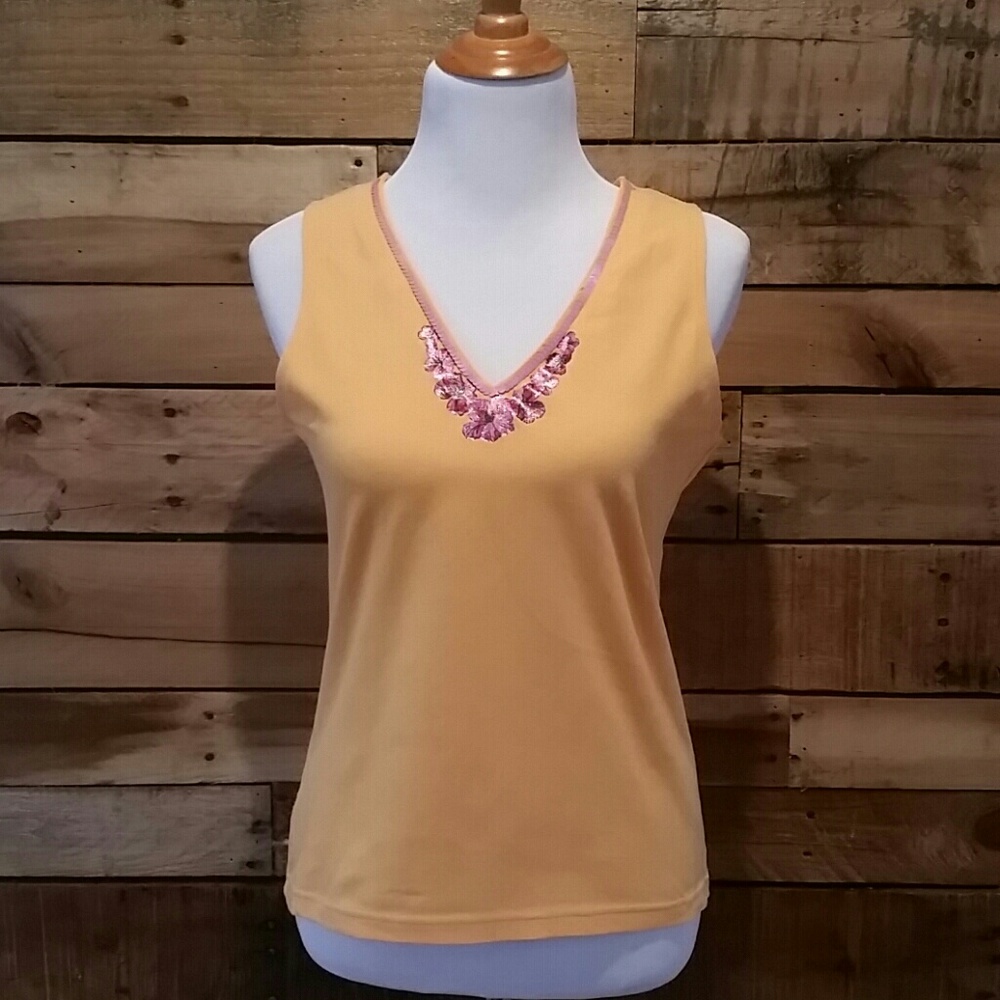 Gap tank in orange with pink flowers and sequins size L